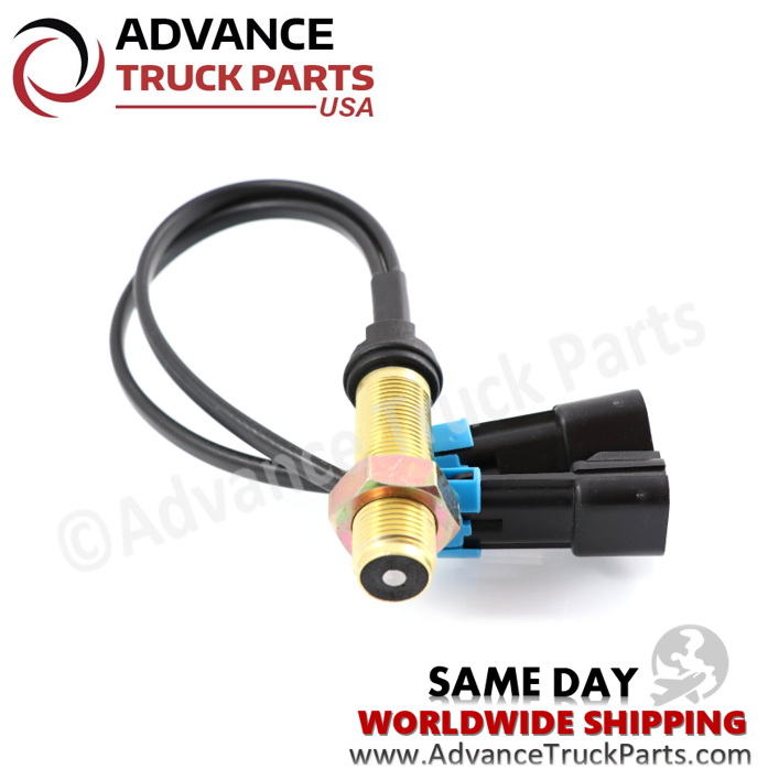 Advance Truck Parts USA Mack speedometer and tachometer sensor showing a close-up studio view of the brass probe tip and dual connector plugs on a branded background