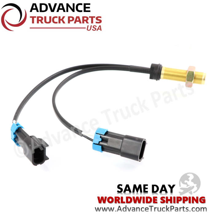 Advance Truck Parts replacement speed sensor showcasing a horizontal studio view of the threaded port and dual-connector configuration on a branded background