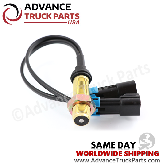 Advance Truck Parts Mack speedometer sensor showing an angled studio perspective of the threaded housing and dual wire connectors on a branded background