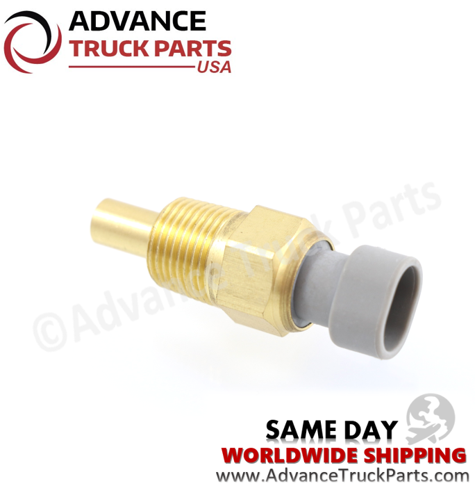 Advance Truck Parts USA branded studio right side profile perspective of the heavy-duty temperature sensor highlighting the brass threaded body for Mack Trucks