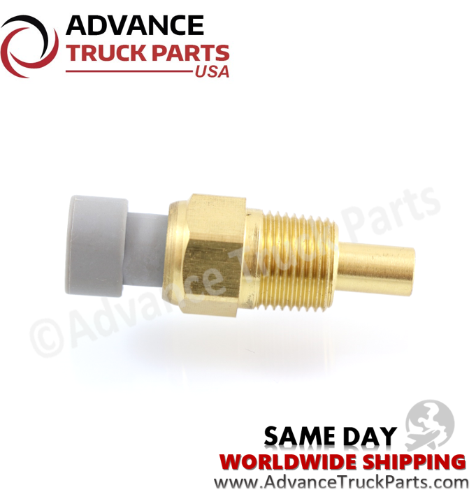 Advance Truck Parts USA branded studio left side profile perspective of the heavy-duty temperature sensor for Mack Trucks commercial applications