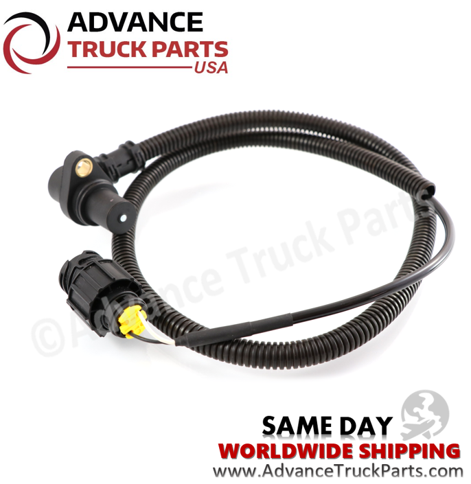 Advance Truck Parts Mack and Volvo flywheel speed sensor displaying an overhead studio layout of the 41-inch harnessed sensor on a branded background