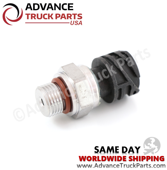 Advance Truck Parts USA branded studio horizontal perspective showcasing the heavy-duty pressure sensor highlighting the threaded mounting base, hex fitting, and electrical connector for commercial trucks