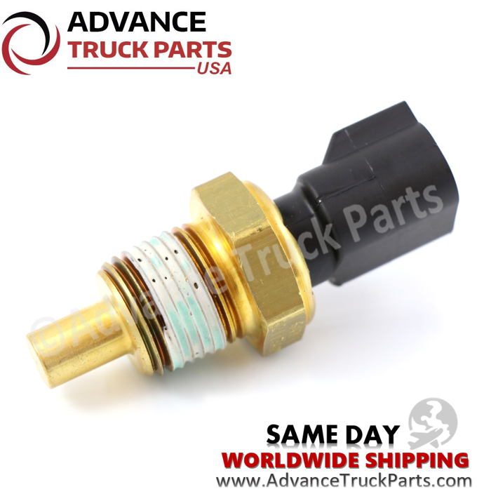 Advance Truck Parts USA Mack and Volvo temperature sensor displaying an angled studio view highlighting the pre-applied thread sealant on a branded background