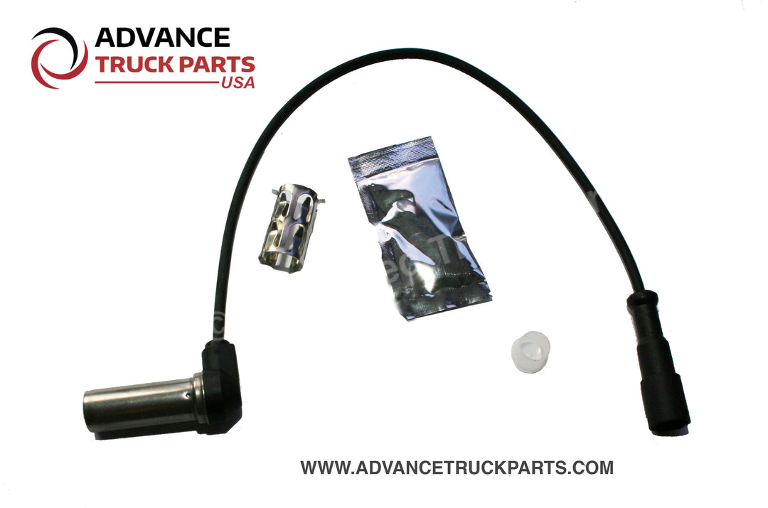 Advance Truck Parts USA Meritor replacement ABS sensor kit showcasing the cable, dielectric grease packet, and retaining clip on a branded background