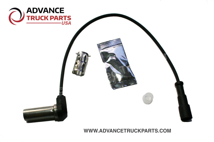 Advance Truck Parts USA Meritor replacement ABS sensor kit showcasing the cable, dielectric grease packet, and retaining clip on a branded background