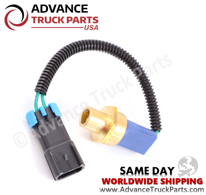 Advance Truck Parts USA International Navistar low pressure switch displaying an angled studio perspective of the switch assembly and harness on a branded background