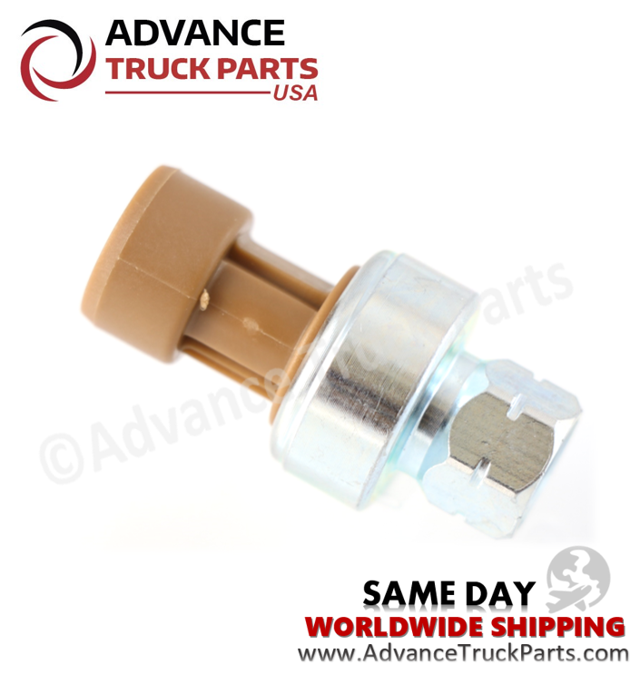 Advance Truck Parts USA Navistar high pressure A/C switch displaying a horizontal studio profile of the switch assembly on a branded background