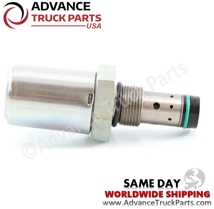 Advance Truck Parts USA branded studio horizontal perspective showcasing the replacement injection pressure regulator highlighting the threaded stem, oil port holes, and sealing ring for commercial trucks