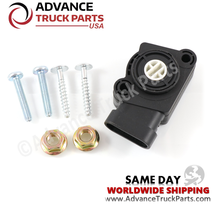 Advance Truck Parts USA branded studio overview displaying the throttle position sensor along with its included hardware and fasteners