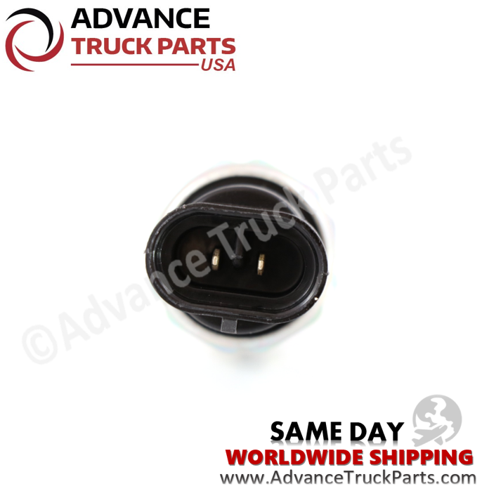 Advance Truck Parts USA branded studio straight top down perspective looking into the black connector housing and 2-pin layout of the heavy-duty normally open air pressure switch