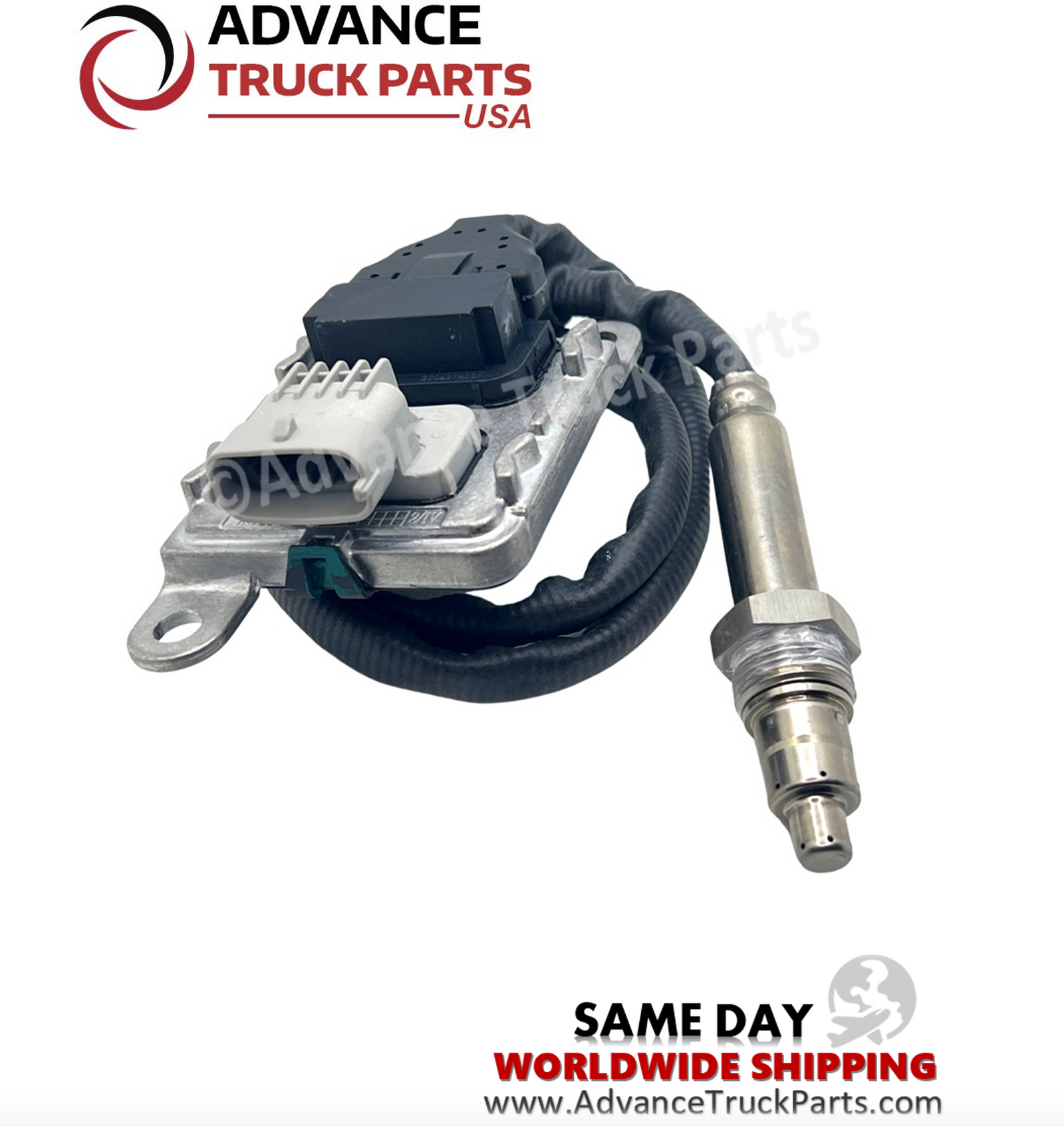 Advance Truck Parts USA Freightliner Detroit Diesel NOx sensor displaying an angled view of the protective cap and harness routing