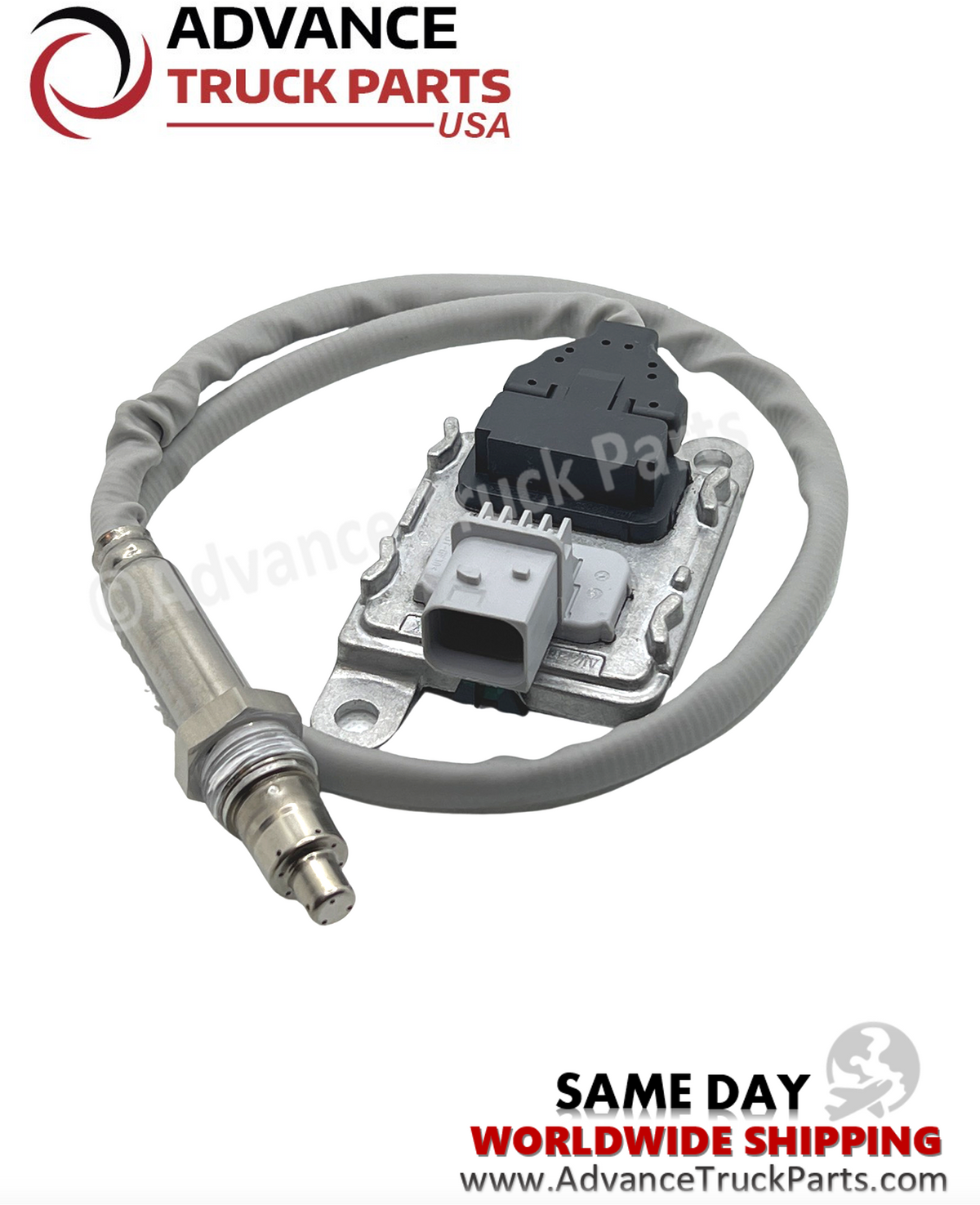 Advance Truck Parts USA nitrogen oxide sensor displaying a studio view of the full harness, control module, and threaded probe