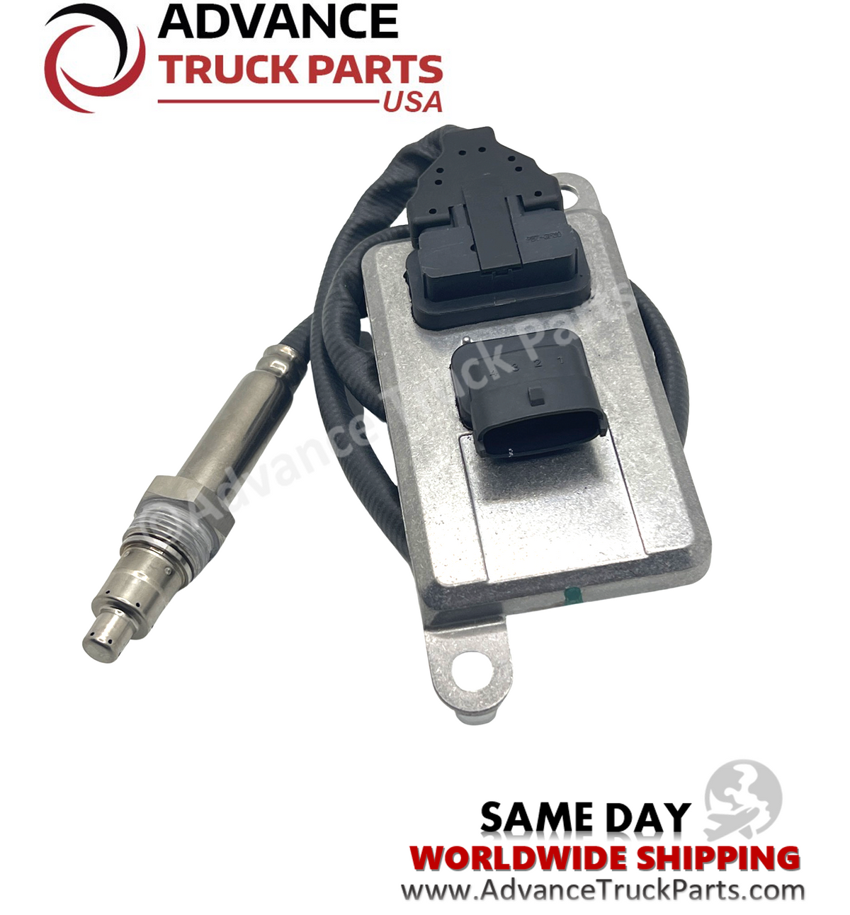 Advance Truck Parts USA nitrogen oxide sensor showing a studio view of the complete assembly including the coiled wiring harness and 4-terminal connector
