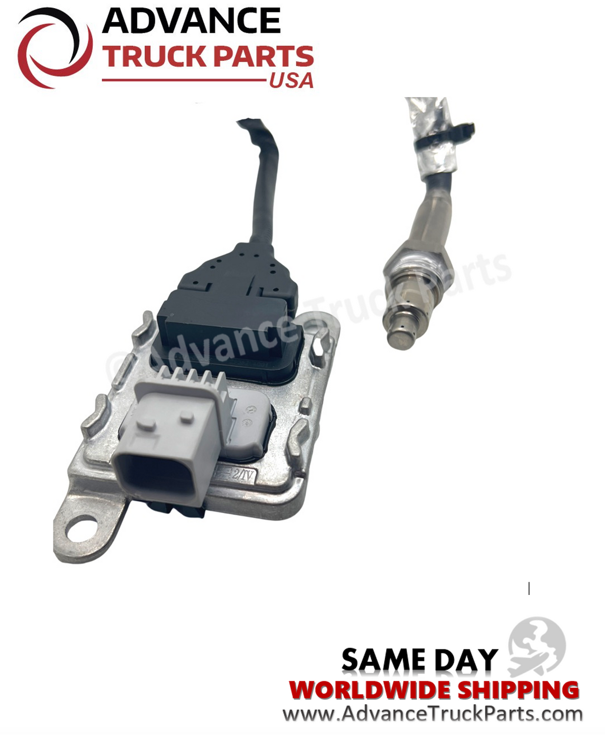 Advance Truck Parts USA 4326873RX NOx sensor displaying a studio perspective focusing on the control module connector housing 