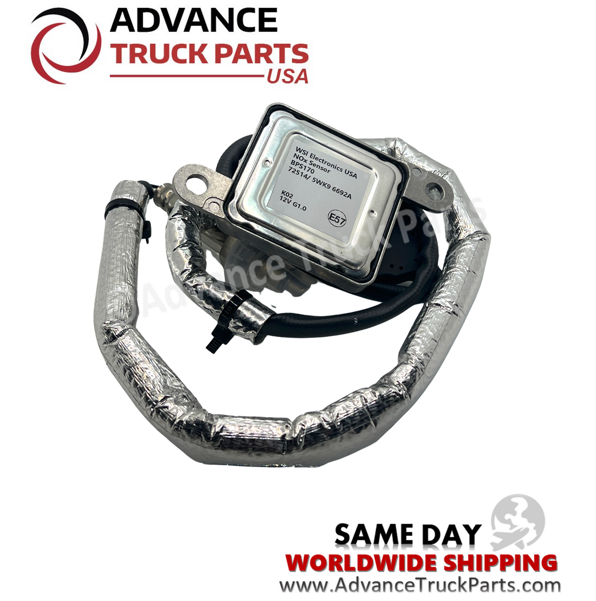 Advance Truck Parts USA NOx sensor displaying a studio view of the control module and threaded probe tip