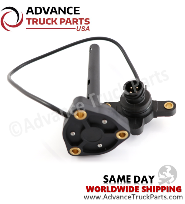 Advance Truck Parts USA branded studio angled view displaying the brass-threaded mounting holes and base structure of the Volvo oil level sensor