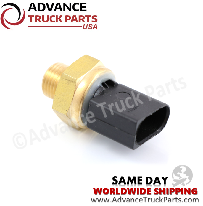 Advance Truck Parts USA Detroit Diesel oil pressure sensor showing a side profile view of the threaded port and cylindrical housing on a branded background