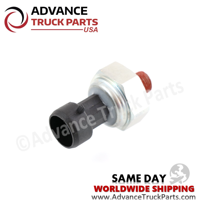 Advance Truck Parts USA branded studio angled overview of the oil pressure sensor for Mack and Volvo heavy-duty trucks