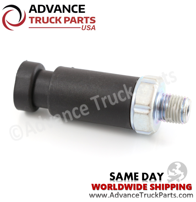 Advance Truck Parts USA oil pressure switch three-quarter perspective showing hex nut shoulder, thread sealant finish, and end connector recess