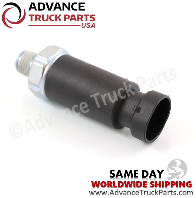 Advance Truck Parts USA oil pressure switch side profile perspective highlighting tapered thread fittings and cylindrical polymer housing