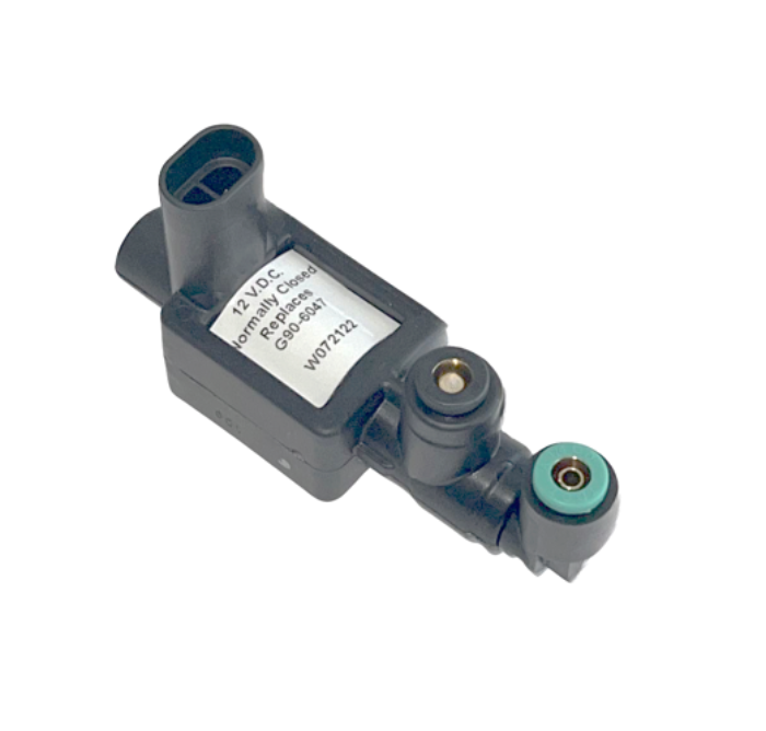 Advance Truck Parts USA Paccar G90 6047 solenoid for Peterbilt trucks featuring a black plastic housing, 3-way valve configuration, and label on a plain background