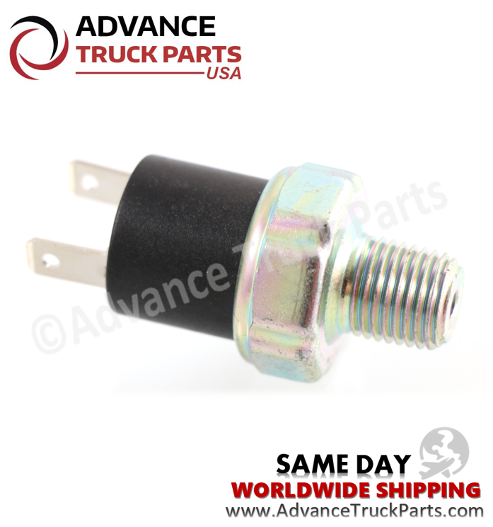 Advance Truck Parts USA branded studio horizontal perspective displaying the replacement low pressure switch featuring the 1/4 inch - 18 NPT threaded port, hexagonal tightening nut, and protruding terminal blades for commercial trucks
