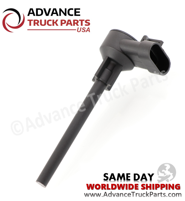 Advance Truck Parts USA branded studio angled top perspective displaying the replacement engine coolant level sensor featuring the black plastic body, long cylindrical probe, and side-mounted electrical receptacle for Kenworth and Peterbilt commercial trucks