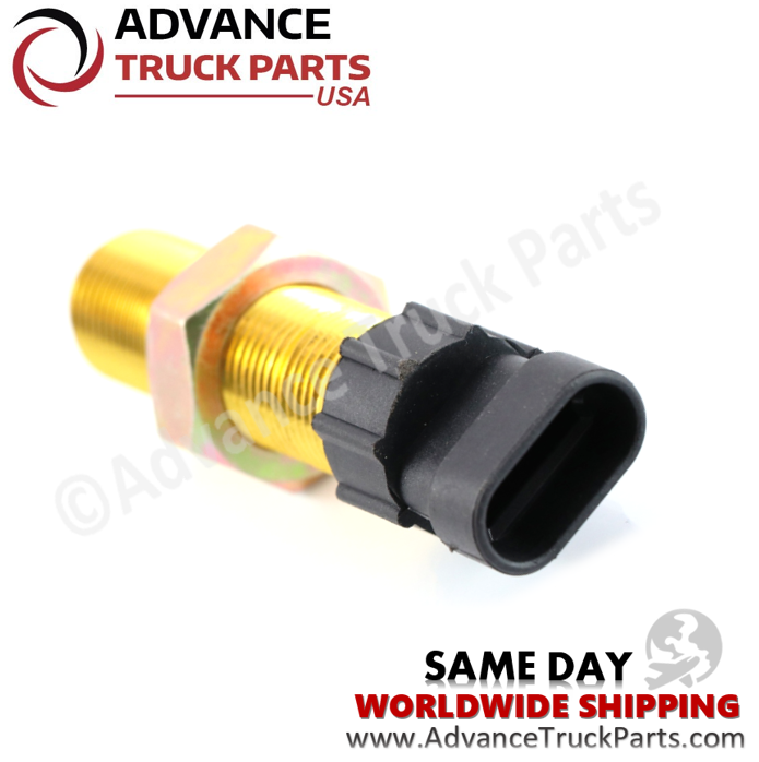 Advance Truck Parts USA Paccar, Kenworth, and Peterbilt speedometer sensor displaying an angled studio perspective of the threaded metal shaft and hex nut on a branded background