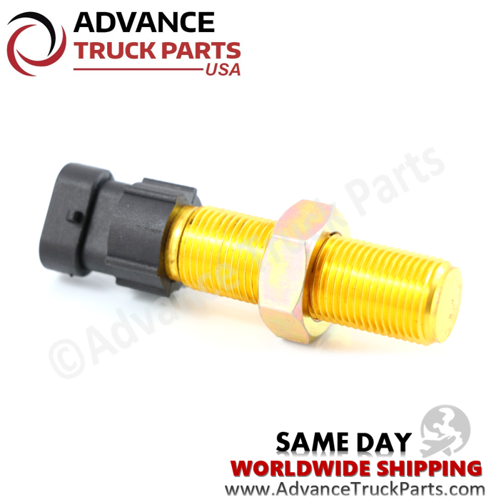 Advance Truck Parts USA Paccar, Kenworth, and Peterbilt speedometer and tachometer sensor showing an alternative angled studio view of the complete assembly on a branded background