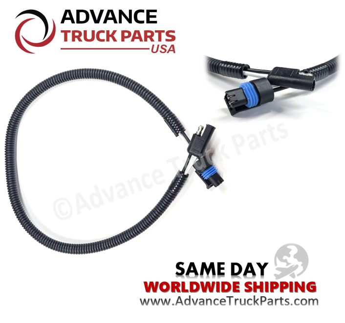 Advance Truck Parts USA Paccar harness extension displaying an angled studio perspective of the coiled cable and blue-sealed connector on a branded background