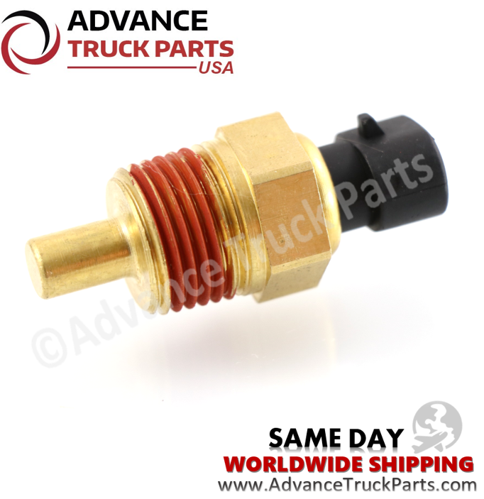 Advance Truck Parts USA branded studio angled perspective showcasing the replacement differential temperature sensor highlighting the brass sensing tip, pre-applied red thread sealant, and black plug connector for heavy-duty trucks