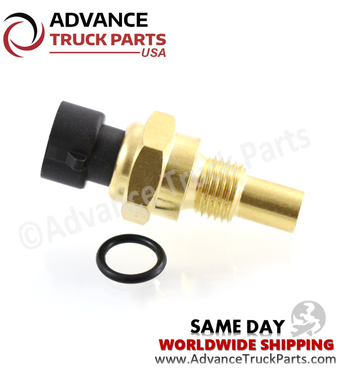 Advance Truck Parts USA branded studio horizontal perspective showcasing the heavy-duty temperature sender sensor highlighting the brass threaded housing, black connection port, and separate black sealing O-ring for commercial trucks