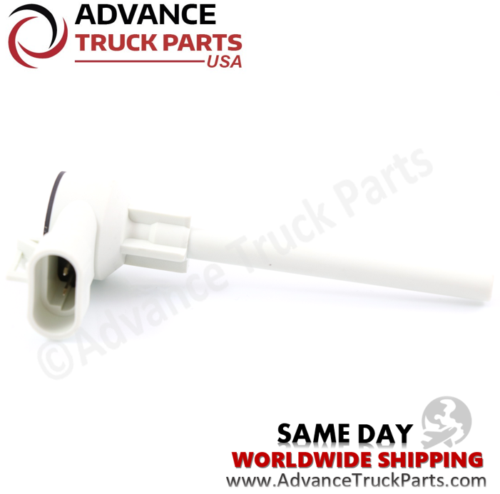 Advance Truck Parts USA branded studio left side angled perspective showcasing the white plastic body, oval connector, and long probe of the heavy-duty engine coolant level sensor for Peterbilt and Paccar commercial trucks
