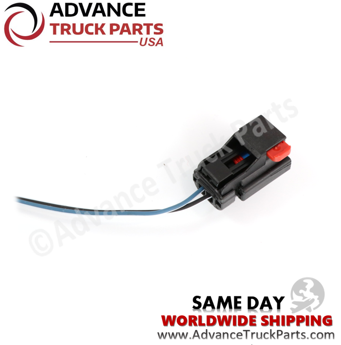 Advance Truck Parts USA pigtail connector displaying a close-up studio perspective highlighting the red locking mechanism on a branded background