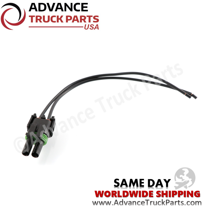 Advance Truck Parts USA 2-pin pigtail connector highlighting an alternative angle of the dual terminal openings and wire extensions