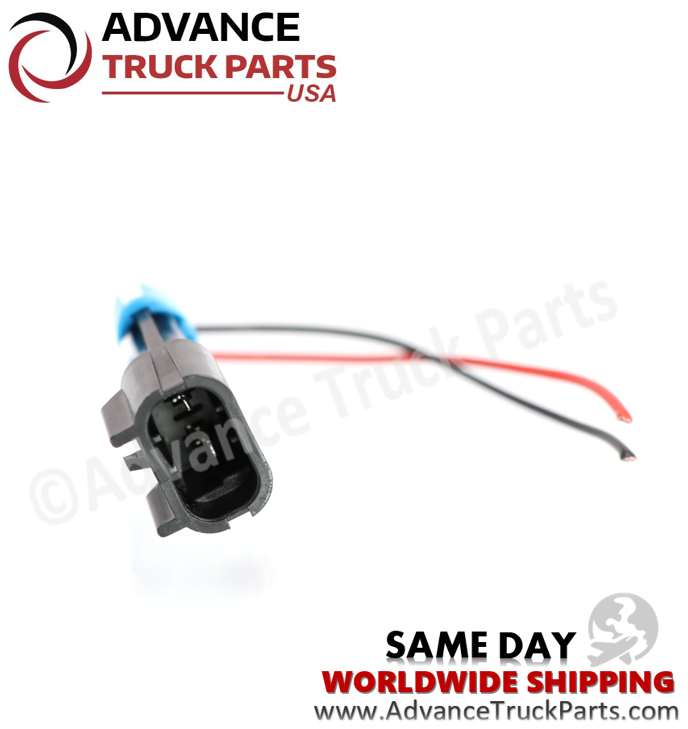 Advance Truck Parts USA studio angled front perspective featuring the black plastic 2-pin electrical socket, internal metal contact terminals, blue rear lock, and 16 AWG red and black wires of the replacement pigtail harness