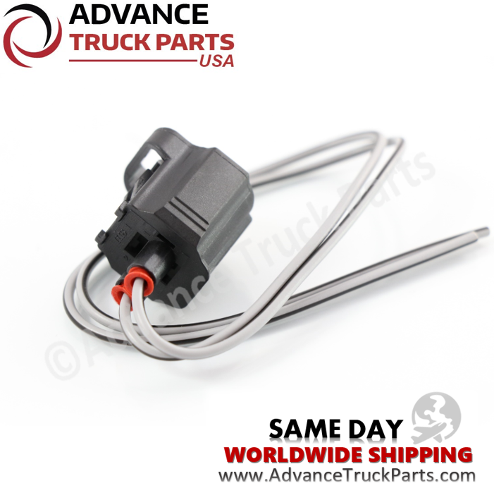 Advance Truck Parts USA branded studio perspective showcasing the replacement 2-pin pigtail connector highlighting the rear wire seals, red rubber gaskets, and looped grey wiring harness