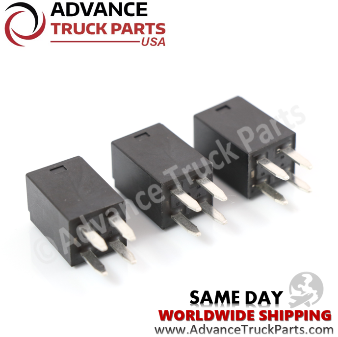 Advance Truck Parts USA lineup of three 4-pin mini relay replacements showing polymer housing tops and terminal blade arrangement