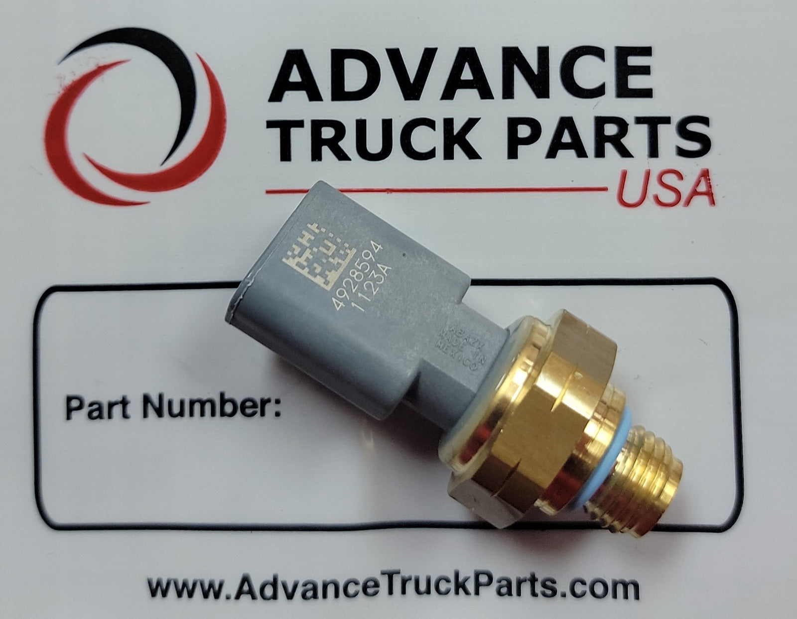 Advance Truck Parts USA branded studio view of the Genuine Cummins pressure sensor on a parts label background