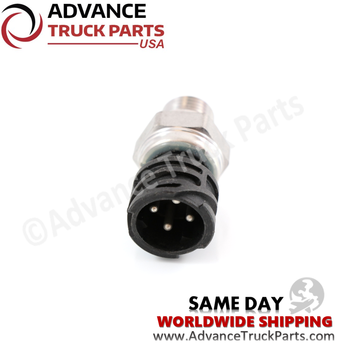 Advance Truck Parts USA branded studio angled perspective displaying the replacement pressure sensor featuring the M16 x 1.5 threaded port, orange sealing O-ring, and hexagonal tightening nut