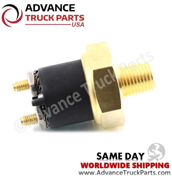 Advance Truck Parts USA branded studio side profile view highlighting the hexagonal brass body and threaded terminals of the low pressure switch