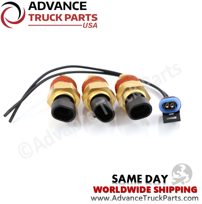Advance Truck Parts USA Q21-1002 Peterbilt and Kenworth differential temperature sender kit with three sensors and a pigtail connector on a branded background