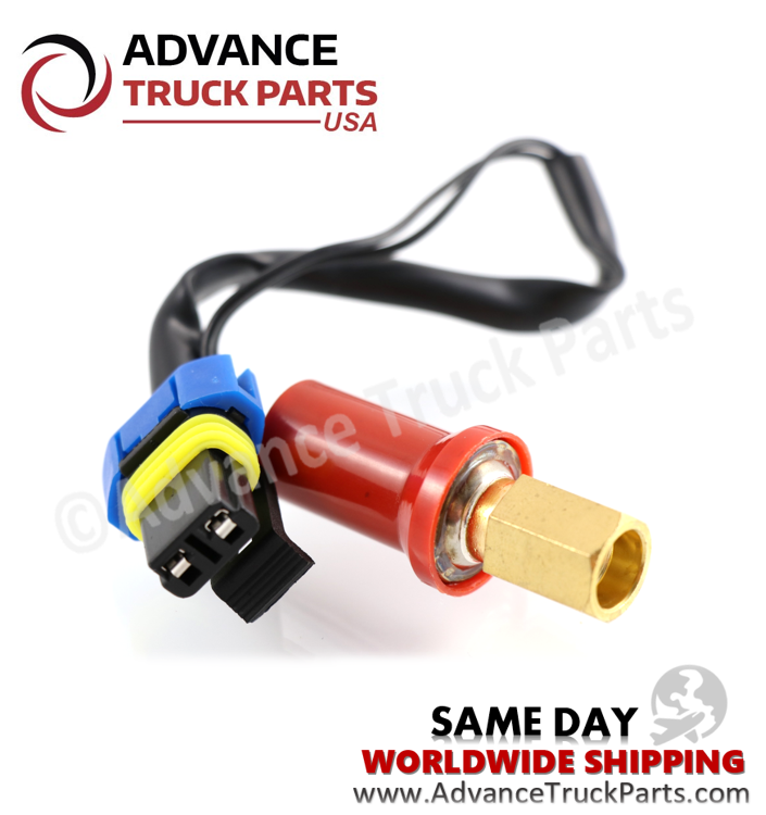 Advance Truck Parts USA branded studio angled perspective highlighting the 2-pin electrical connector plug featuring a blue locking clip and yellow weather seal wired to the Kenworth high pressure switch