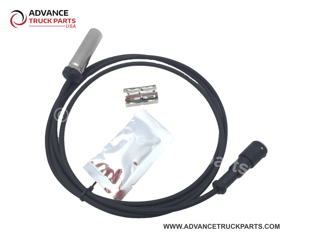 Advance Truck Parts USA Coiled heavy-duty wire harness layout showing straight metal sensor tip, sealed connector end, stainless clip, and dielectric grease pouch