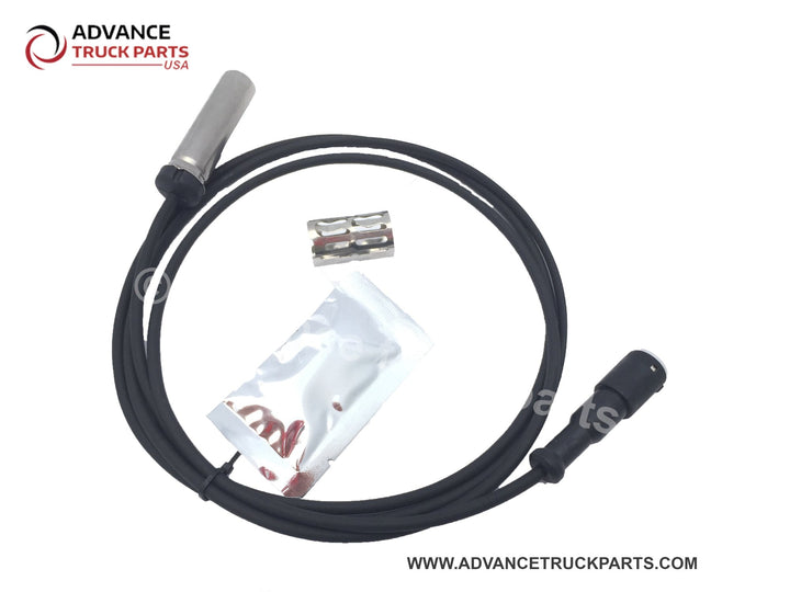 Advance Truck Parts USA Coiled heavy-duty wire harness layout showing straight metal sensor tip, sealed connector end, stainless clip, and dielectric grease pouch