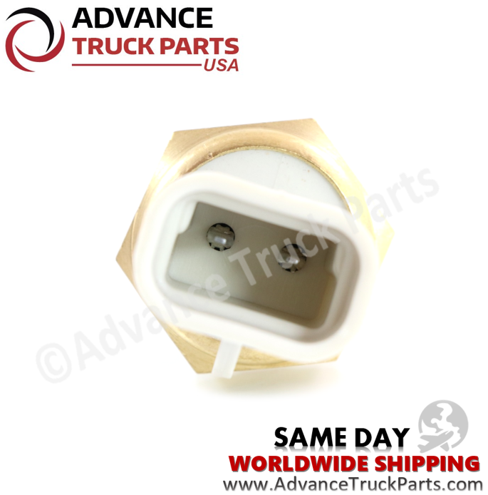 Advance Truck Parts USA branded studio close-up front perspective looking into the grey plastic receptacle, revealing two recessed metal connection pins on the heavy-duty radiator low coolant level probe