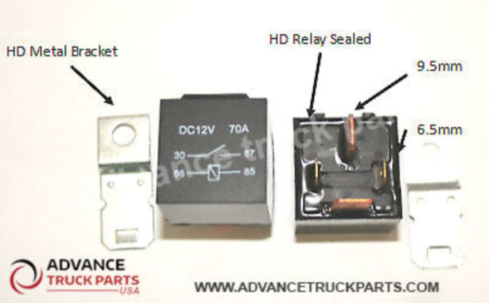 Advance Truck Parts USA branded studio diagram highlighting the 9.5mm big pin, 6.5mm small pin, sealed housing, and HD metal bracket for the relay