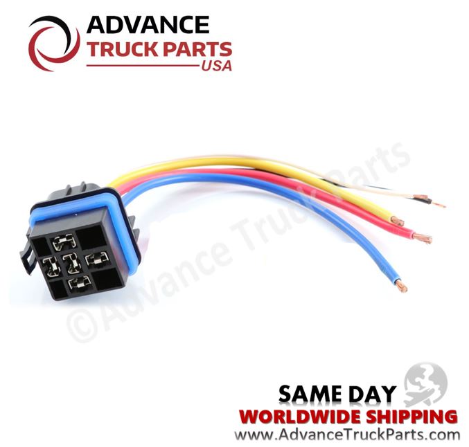 Advance Truck Parts USA relay harness connector displaying an angled studio perspective of the socket and exposed wire ends on a branded background