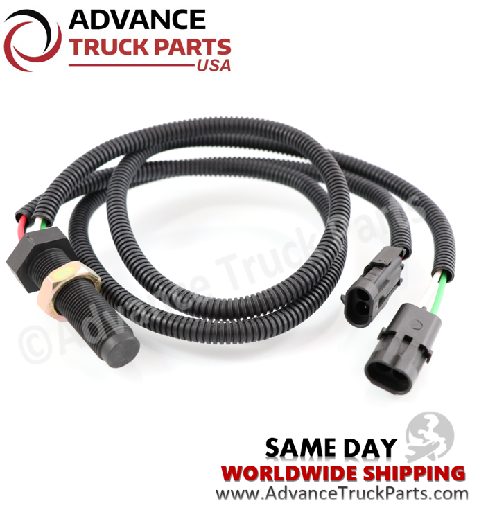 Advance Truck Parts USA replacement Cummins speed sensor showing a full studio perspective of the threaded sensor tip and looped wire harness on a branded background